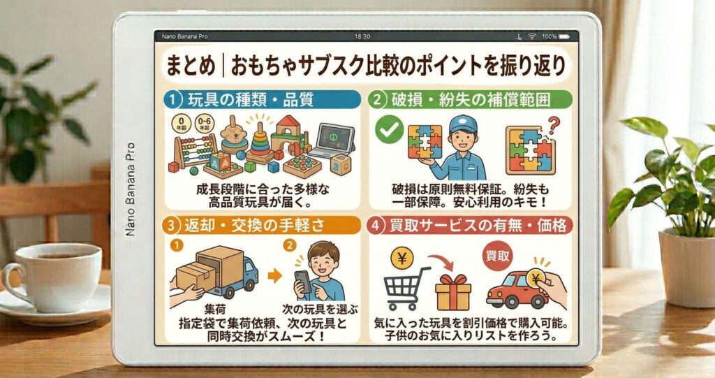 まとめ｜おもちゃサブスク比較のポイントを振り返り